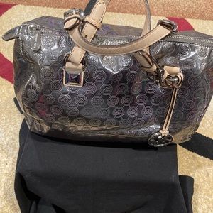 Michael Kora vintage handbag.  Gunmetal silver with tan handles.